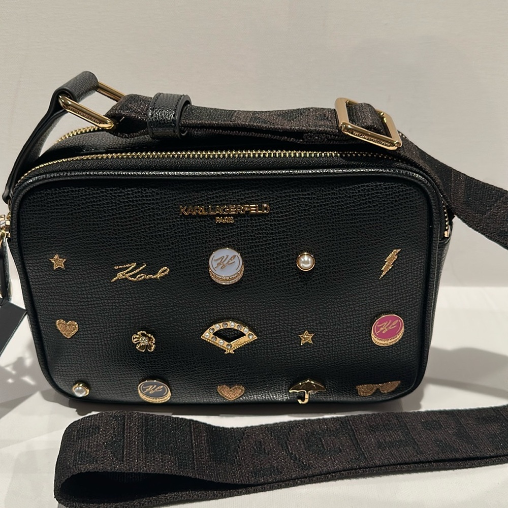 NWT Karl Lagerfeld Black/Goldplated Ornament Crossbody w/adjustable strap.